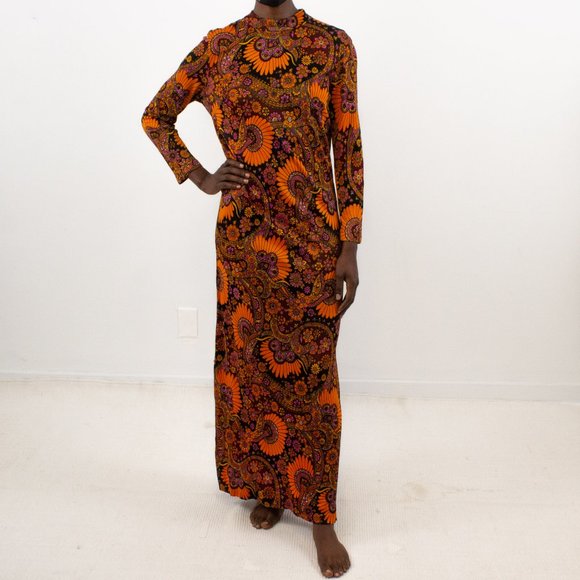 Vintage 60s 70s M Psychedelic Print Maxi Dress - Picture 2 of 12